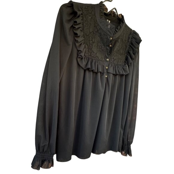 Anthropologie Black Lace & Ruffle Long Sleeve Blouse Size Small - Picture 3 of 9